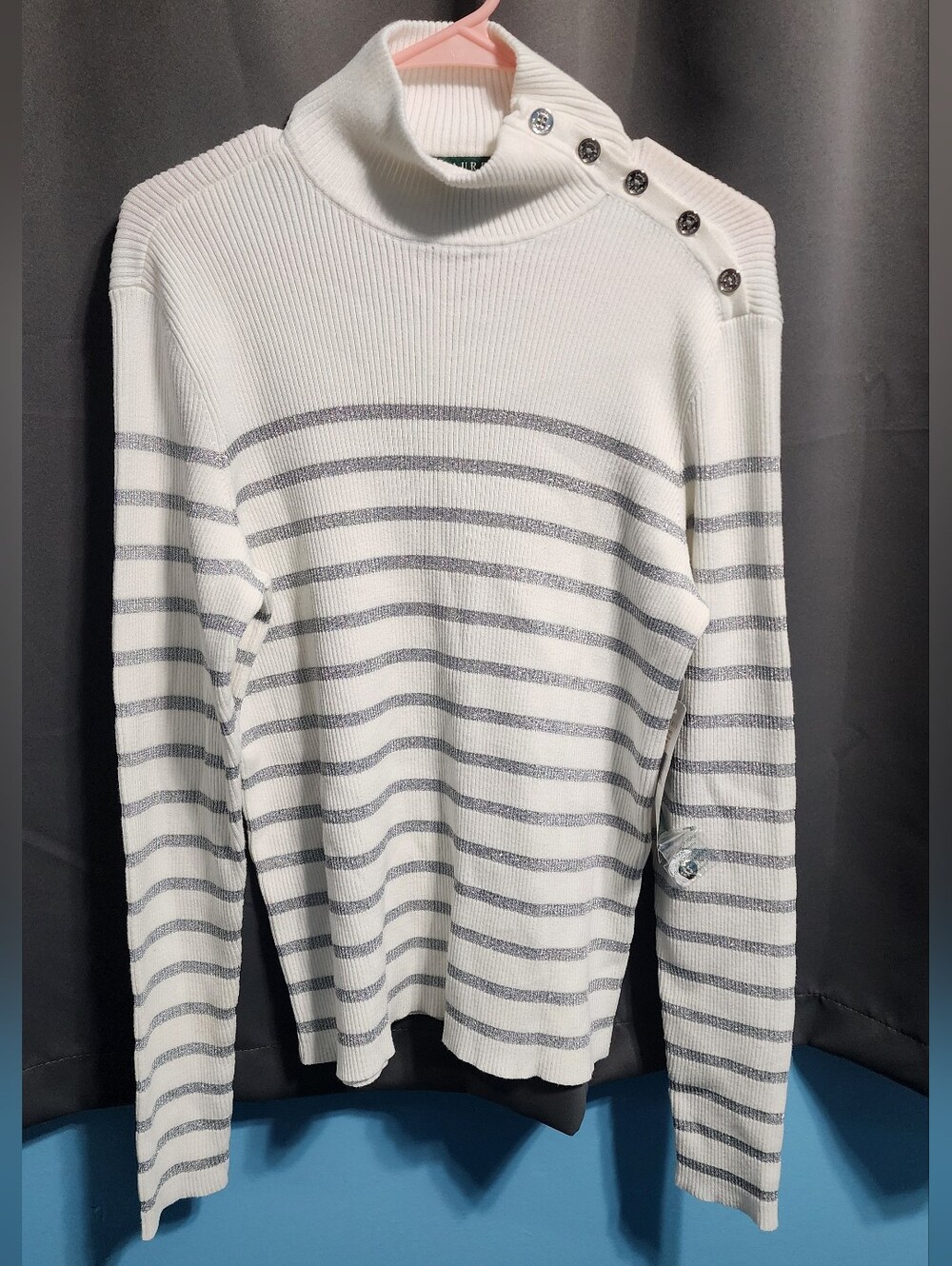 Lauren Ralph Lauren NWT Metallic Striped Ribbed Turtleneck Button Sweater XL
